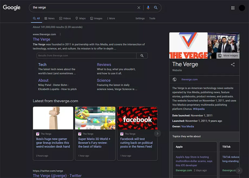 Google search dark mode result